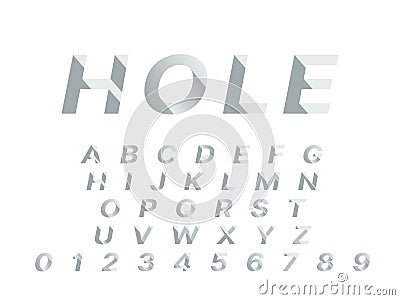 Hole font. 3d deep shadowed typography design, push deepening alphabet shapes, incline diagonally graphics numbers and Vector Illustration