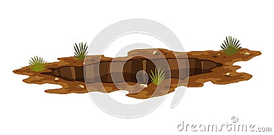 Hole ground. Entrance underground, big crack or ruin. Dirty, dark entrance, detailed drawing in cartoon style. Ground Vector Illustration