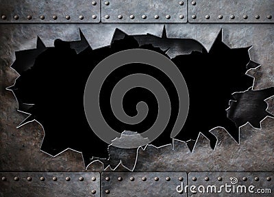 Hole in metal armor steam punk background Stock Photo