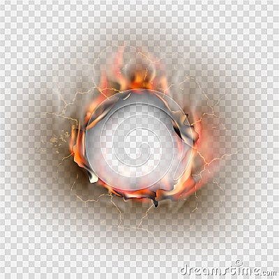Hole torn in ripped paper with burnt and flame Vector Illustration