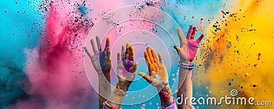 Holi celebration concept - hand in the air, splashes of holi colored powders Stock Photo