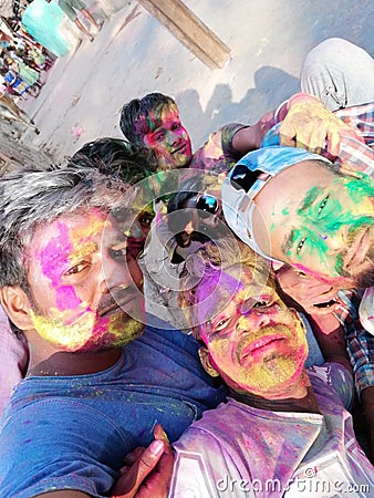 holi colorful boys group village natural Editorial Stock Photo