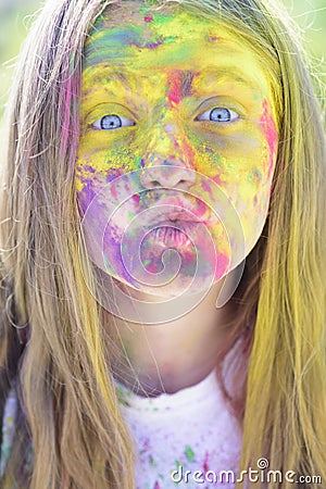 Holi. colorful neon paint makeup. Happy youth party. Optimist. Spring vibes. Crazy hipster girl. Summer weather Stock Photo