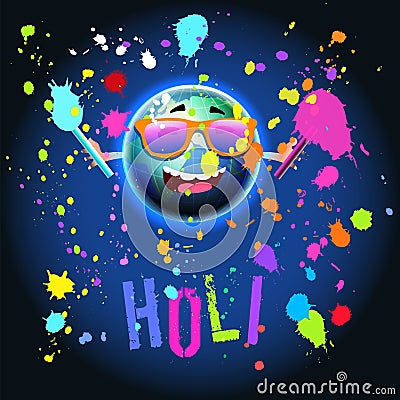 Holi Colors Festival over Earth Globe in space Cartoon Illustration