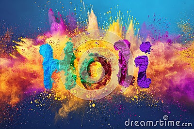 Holi festival celebration. Holi word with bright colorful powder explosion Stock Photo