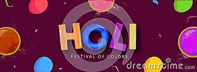 Holi Festival of Colors Banner or Header Design with Top View of Color Bowls and Balloons Decorated on Dark Pink Stock Photo
