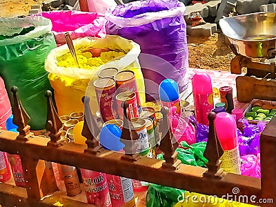 Holi festival in India ,Colours are being sold by the road side vendor during Holi festival Editorial Stock Photo