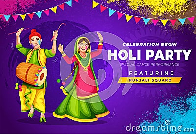 illustration of couple playing Bhangra in disco party banner poster invitation for Happy holi festival of India Vector Illustration