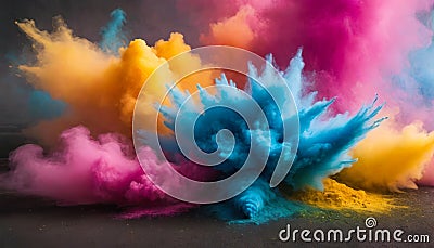 Holi Powder Burst: An explosive moment captured as colored powder erupts into the air during Holi festivities. Stock Photo