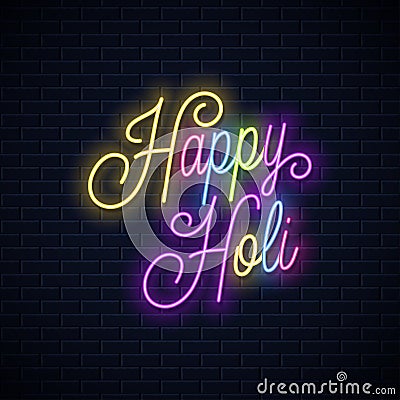 Holi vintage neon lettering. Happy holi neon Vector Illustration