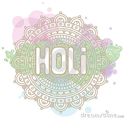 Holi word on background mandala and cloud circles. For banner, card, poster. Vector Illustration