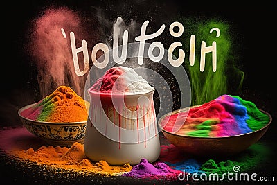 HOLI' word written by power color along with holi special sweet- Gujia and Bhaang milk, AI generated Stock Photo