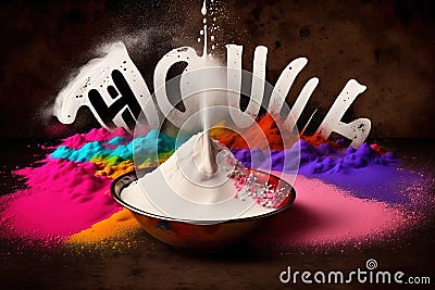 HOLI' word written by power color along with holi special sweet- Gujia and Bhaang milk, AI generated Stock Photo