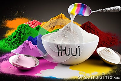 HOLI' word written by power color along with holi special sweet- Gujia and Bhaang milk, AI generated Stock Photo