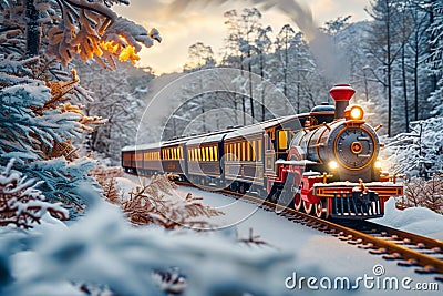 Holiday adventure aboard the Polar Express in snowy scenery Stock Photo