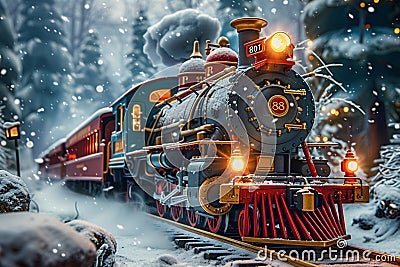 Holiday adventure aboard the Polar Express in snowy scenery Stock Photo