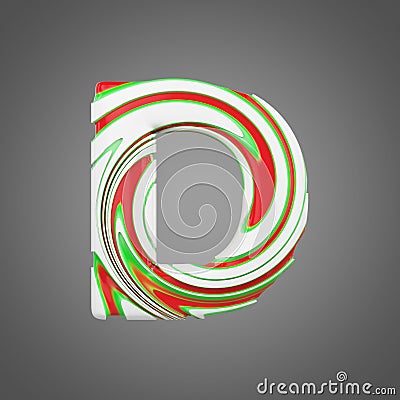Holiday alphabet letter D uppercase. Christmas font made of peppermint candy canes. 3D render. Stock Photo