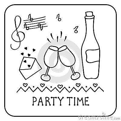 Holiday attributes for a party time. A bottle of wine, glasses, music. Vector illustration in Doodle style Vector Illustration