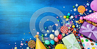 Holiday background with balloons, gift boxes and confetti. Birthday and party supplies on blue table top view. Banner format Stock Photo