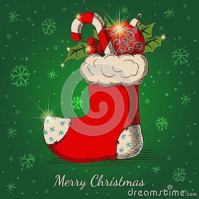 Holiday background with Christmas hand drawn sock Vector Illustration