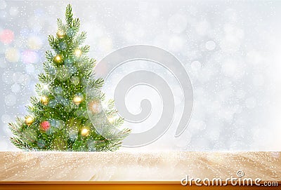 Holiday background with a Christmas tree and colorful balls Vector Illustration