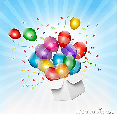 Holiday background with colorful balloons and open box. Vector Illustration