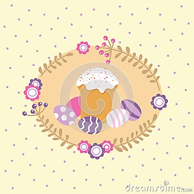 Holiday background with Easter cake and painted eggs. Vector Illustration