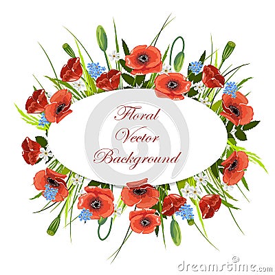 Holiday background with flowers and oval label. Vector Illustration
