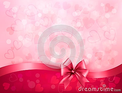 Holiday background with gift pink bow and ribbon. Vector Illustration