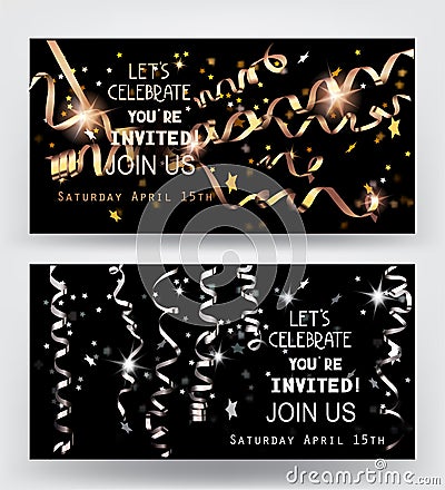 Holiday background. Invitation gold and silver cards with sparkling serpentine and star shaped confetti. Vector Illustration