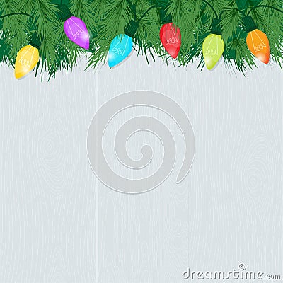 Holiday Background light wood with branches and Christmas lights Vector Illustration