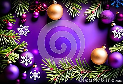 Holiday background with pine twigs and purple Christmas Stock Photo