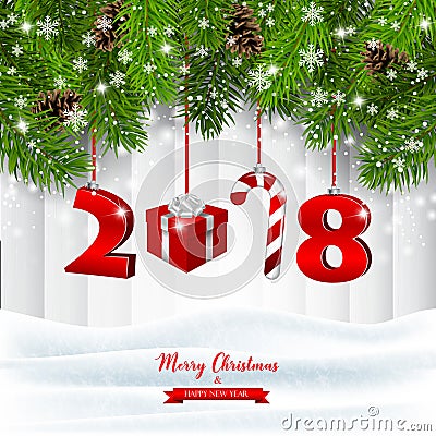 Holiday background with tree branches and hanging numbers and ornaments Cartoon Illustration