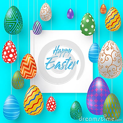 Holiday background with various Easter eggs and space for text. Vector Illustration