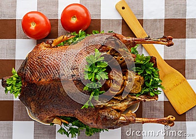 Holiday Baked goose with apples. Stock Photo