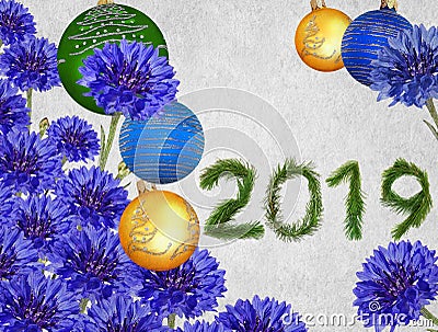 Holiday baubles and miracle blue flowers lovely bouquet Stock Photo