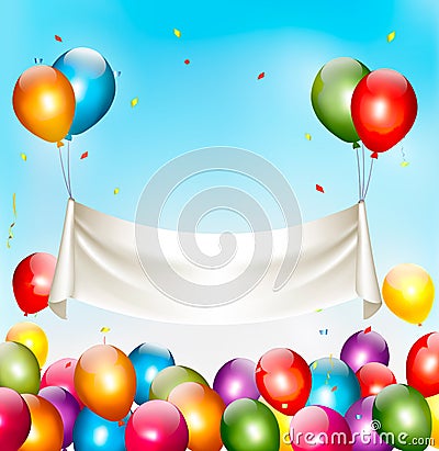 Holiday birthday banner with colorful balloons and confetti. Vector Illustration