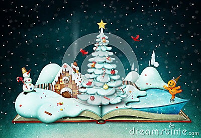 Holiday book with Christmas scene Stock Photo