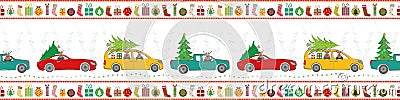 Holiday border design with cartoon reindeer, trucks, cars, Christmas trees and gifts in traditional colors. Seamless Vector Illustration