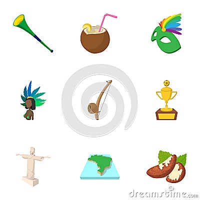 Holiday in Brazil icons set, cartoon style Vector Illustration