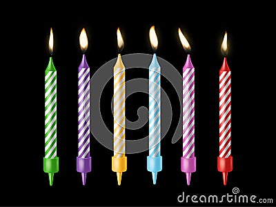 Holiday candles. Burning candle different colors with flickering fire, holiday candlelight, birthday cake decor, wax and Vector Illustration