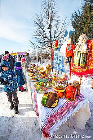The holiday carnival, the food table. The Town Of Berdsk, Western Siberia Editorial Stock Photo