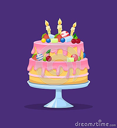 Holiday cartoon cake. Colorful delicious desserts, birthday cake with candles. Vector Illustration