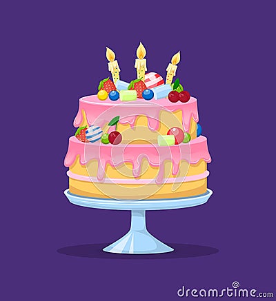 Holiday cartoon cake. Colorful delicious desserts, birthday cake with candles Vector Illustration