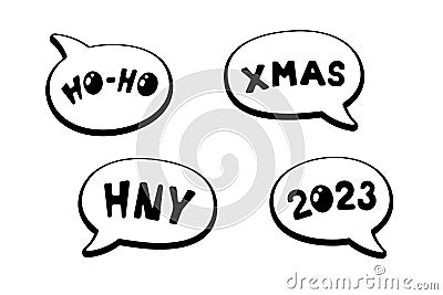 Holiday cartoon comic speech bubble sticker collection with various messages HO-HO, XMAS, HNY, 2023. Merry Christmas and Vector Illustration