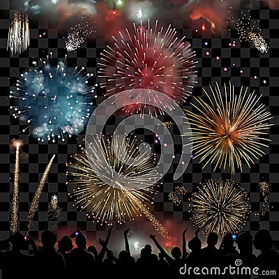 Holiday Celebration with fireworks show at night, silhouette of people watching a festive fireworks display, set of vector Vector Illustration