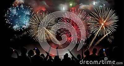 Holiday Celebration with fireworks show at night, silhouette of people watching a festive fireworks, vector background Vector Illustration