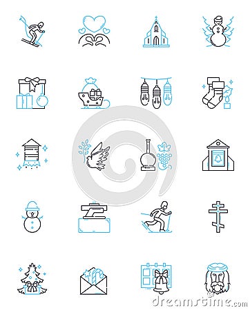 Holiday cheer linear icons set. Mistletoe, Eggnog, Frosty, Jolly, Tinsel, Carols, Gingerbread line vector and concept Vector Illustration