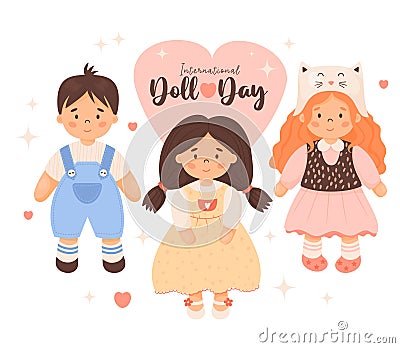 Holiday Children Day card. Kids doll toys. Cute girls with hairstyle in dress and funny boy in blue overalls. Vector Vector Illustration