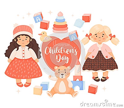Holiday Children Day. Kids toys. Cute girls doll blonde and brunette, plush toy bear, cubes, pyramid with duck. Vector Vector Illustration